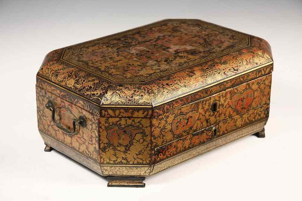 Appraisal: CHINESE LACQUERED WRITING BOX - Casket Form Chinese Writing Box