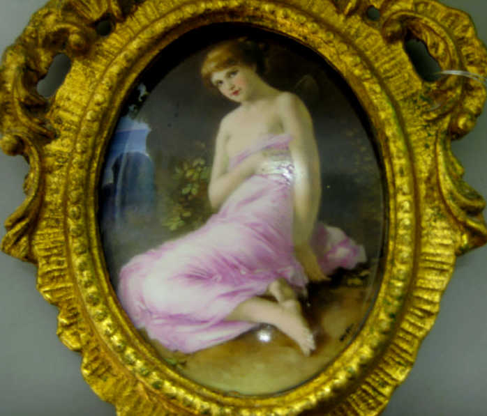 Appraisal: PORTRAIT OF CLASSICAL WINGED MAIDEN Painted on oval porcelain plaque