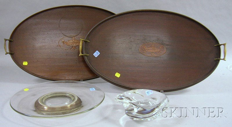 Appraisal: Two Inlaid Mahogany Serving Trays a St Louis Crystal Bowl