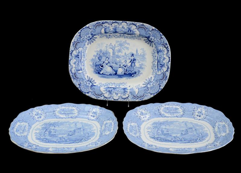 Appraisal: PAIR OF STAFFORDSHIRE BLUE TRANSFER-PRINTED PLATTERS AND A SINGLE PLATTER