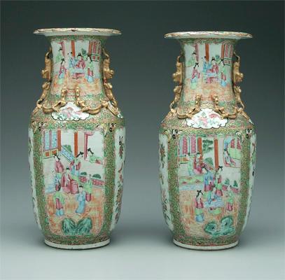 Appraisal: Pair Chinese famille rose vases Canton style with applied gilt