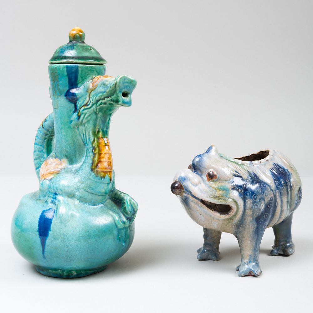 Appraisal: Chinese Blue Glazed Porcelain Dragon Ewer and Three Legged Toad