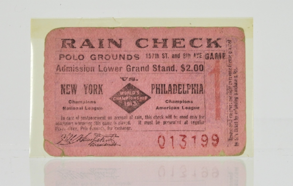 Appraisal: BASEBALL WORLD SERIES RAIN CHECK United States Rain check for