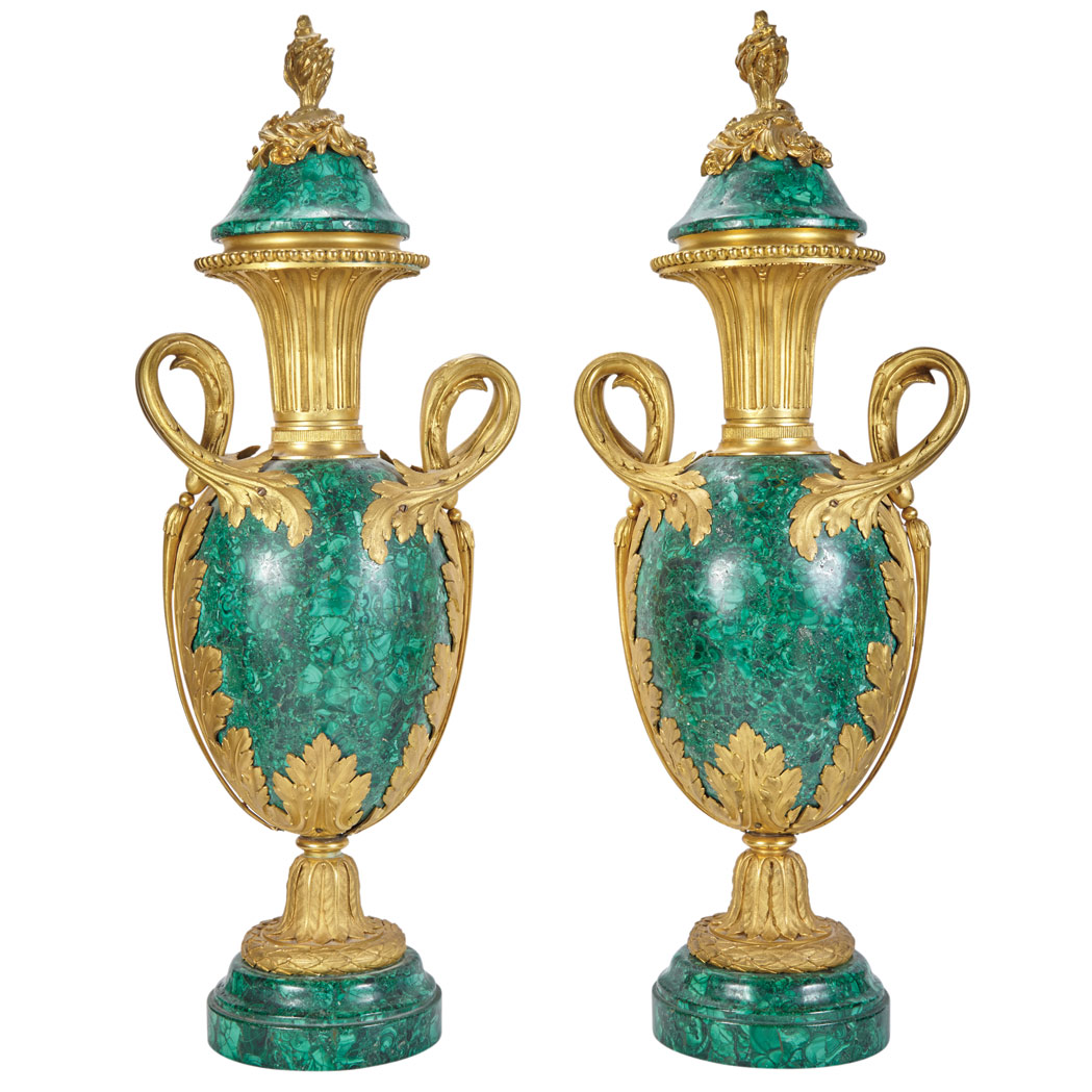 Appraisal: Pair of Louis XVI Style Gilt-Bronze and Malachite Urns th