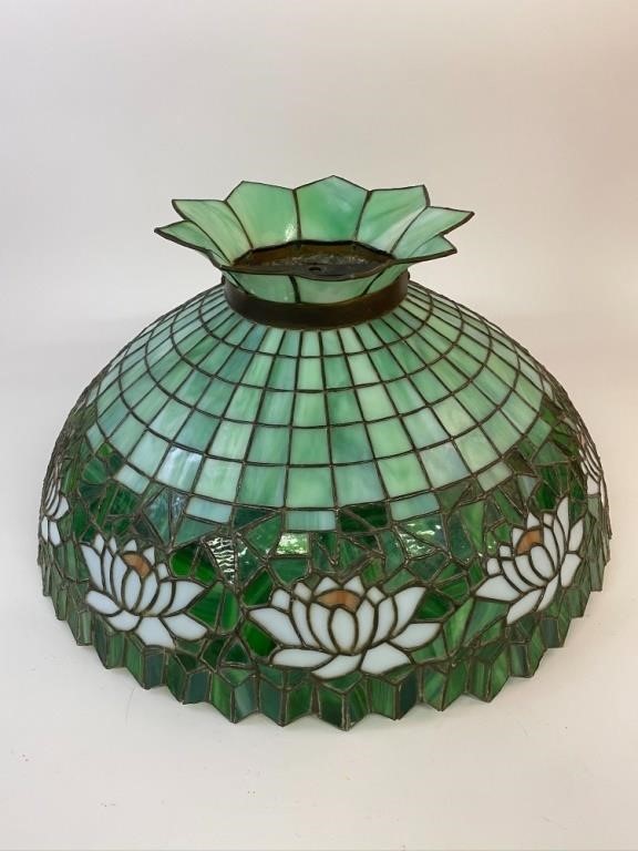 Appraisal: Large green glass leaded lamp shade with white water lilly