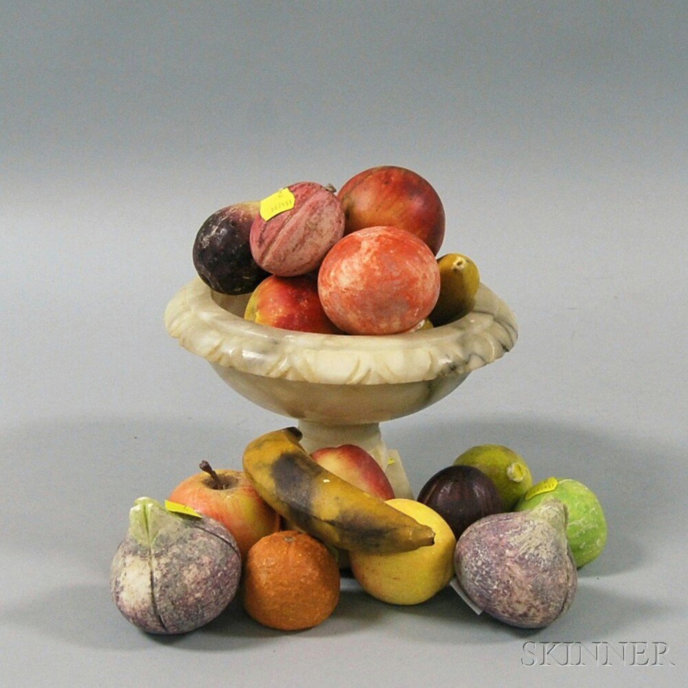 Appraisal: Two-part Carved Marble Compote with Eighteen Pieces of Stone Fruit