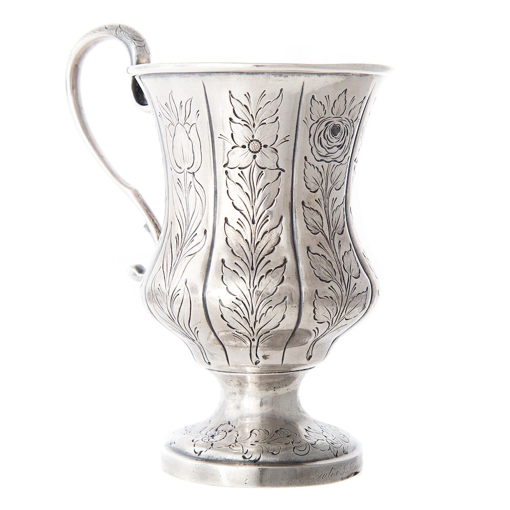 Appraisal: Coin silver mug no maker with engraved floral and foliate