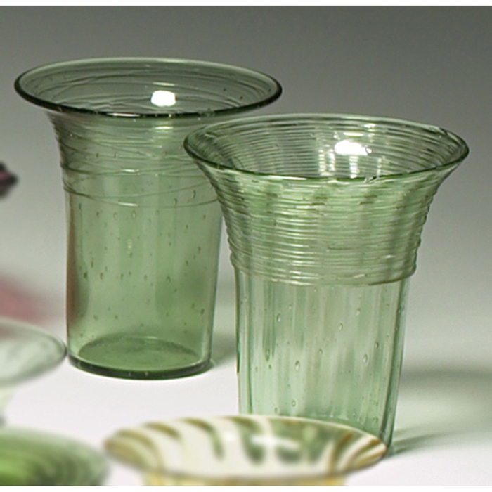 Appraisal: Steuben vases two slightly varying green glass with applied threading