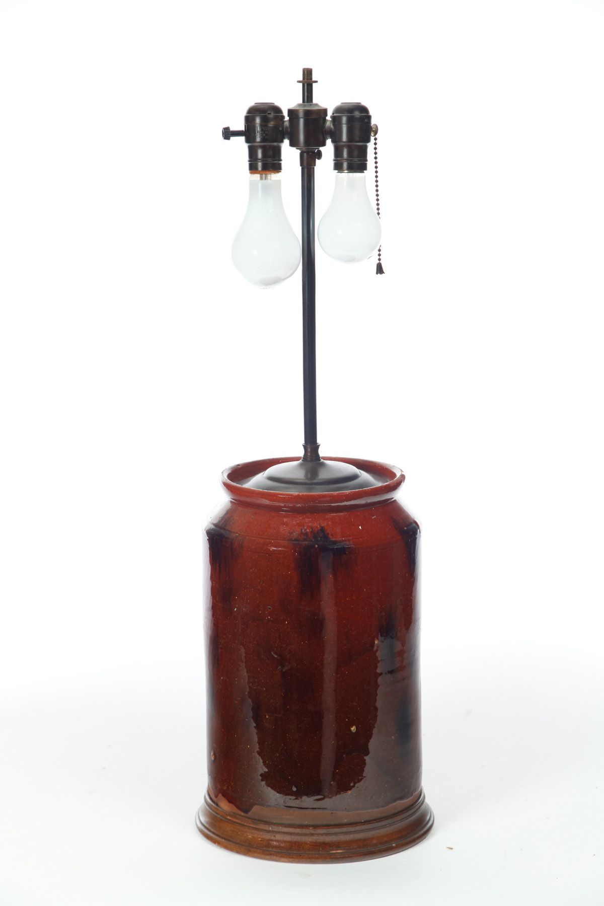 Appraisal: REDWARE CROCK TABLE LAMP American th century Manganese glaze Chips