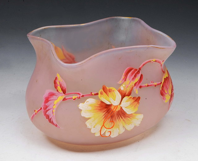 Appraisal: AN ART DECO PINK OPAQUE GLASS BOWL painted hibiscus decoration