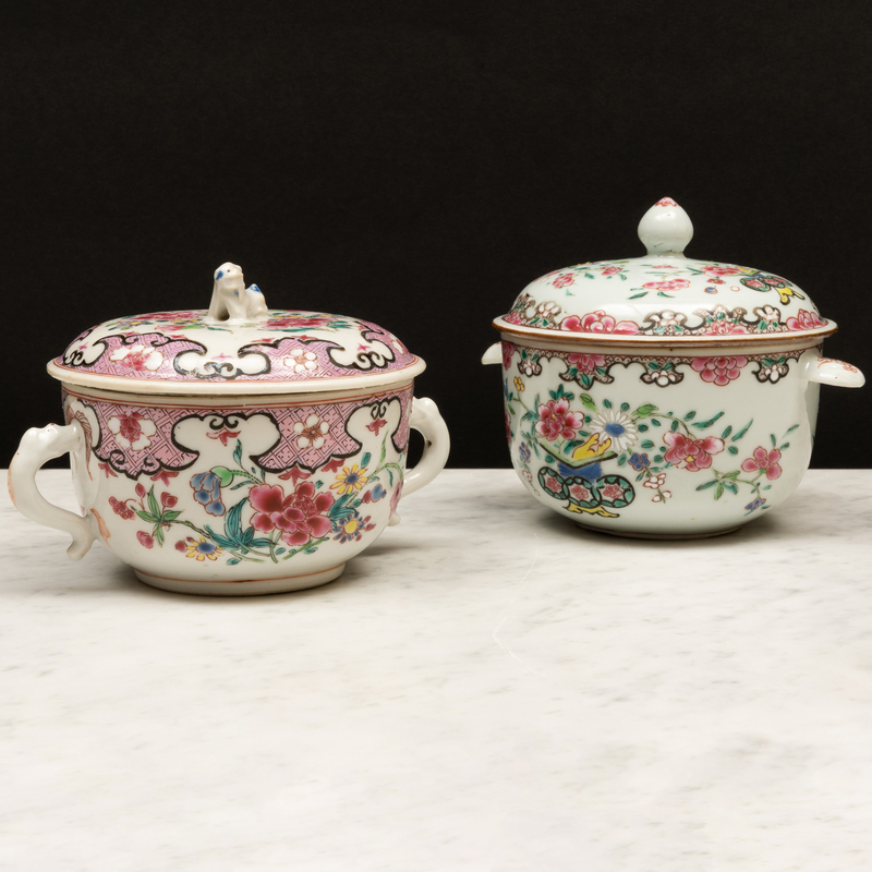 Appraisal: Two Similar Chinese Export Famille Rose Porcelain Ecuelles and Covers