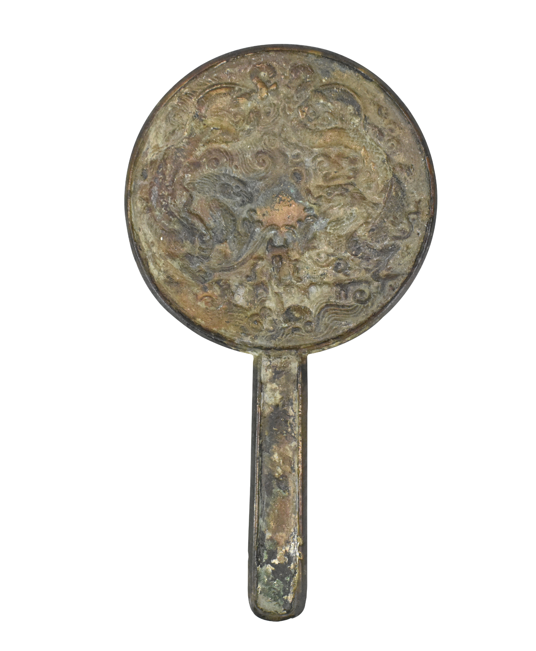 Appraisal: An ancient Chinese bronze hand mirror with two dragons design