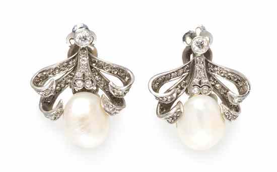 Appraisal: A Pair of Antique Platinum Diamond and Pearl Earclips containing