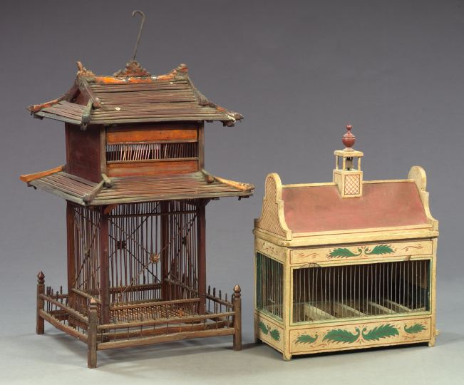 Appraisal: French Provincial Oblong Polychromed Wood and Wire Bird Cage of