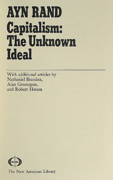 Appraisal: RAND AYN Capitalism The Unknown Ideal New York The New