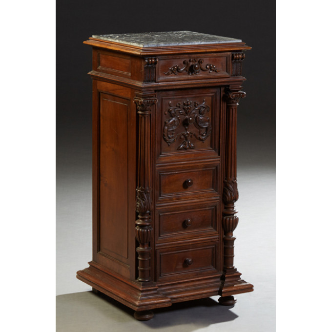 Appraisal: French Henri II Style Carved Walnut Marble Top Nightstand c