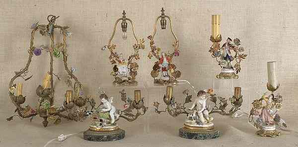 Appraisal: Collection of brass and porcelain lighting to include a chandelier