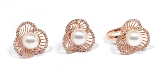 Appraisal: SET PEARL AND DIAMOND EAR STUDS WITH RING Pink gold