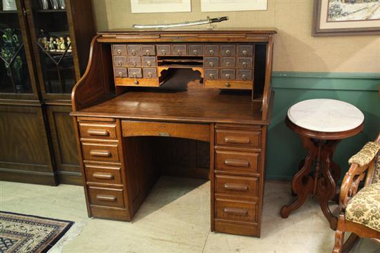 Appraisal: ROLL TOP DESK Three piece oak desk having a tambour