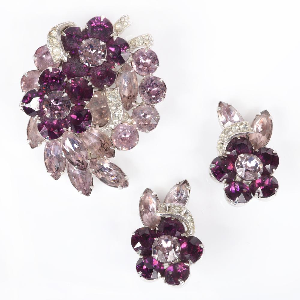 Appraisal: EISENBERG VIOLET FLOWER LAYERED DIAMANTE PIN AND EARRING SET WITH