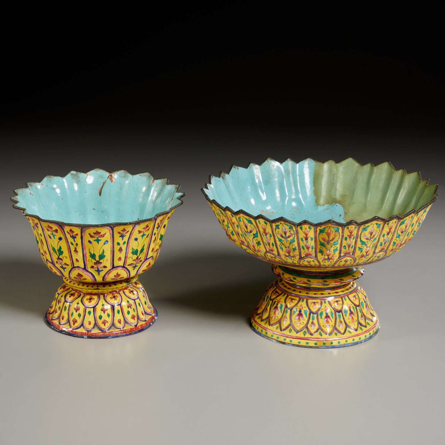 Appraisal: ANTIQUE ROYAL THAI ENAMELED COPPER BOWLS Rattanakosin Period - benjarong-style