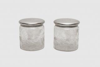 Appraisal: Pair of GORHAM Silver Lidded Etched Glass Jars PAIR OF