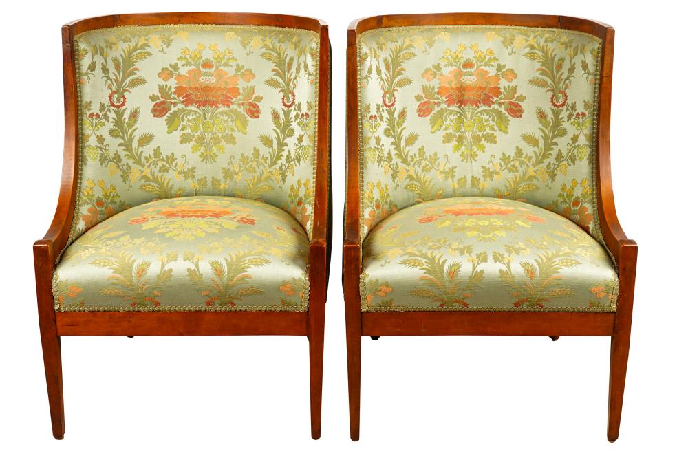 Appraisal: PAIR OF NEOCLASSIC TUB CHAIRScovered with blue-green ground floral damask