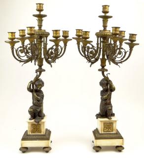 Appraisal: Pair of Antique French Bronze and Marble Figural Six Light