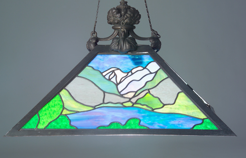 Appraisal: ARTS CRAFTS Large leaded-glass hanging fixture with a lake and