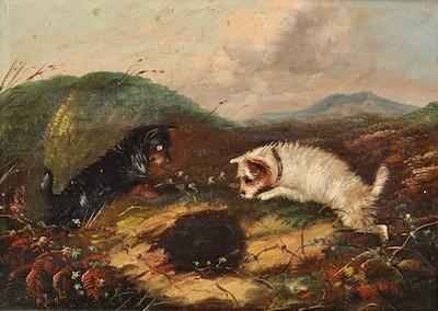 Appraisal: J Langlois United Kingdom th Century Terriers Hunting Oil on