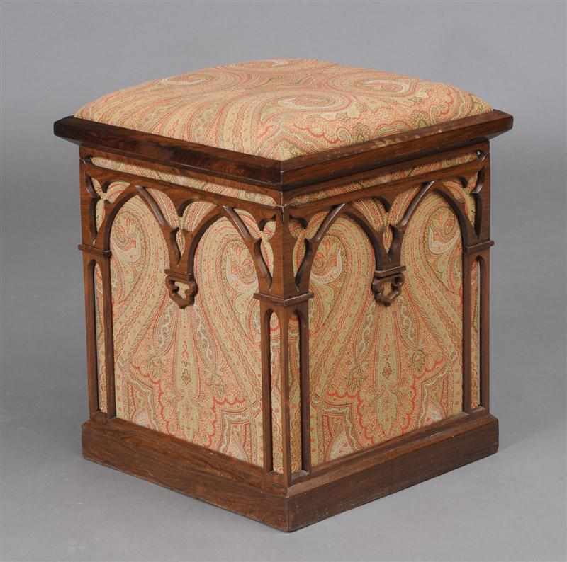 Appraisal: GOTHIC REVIVAL ROSEWOOD TABOURET BOX The square padded and hinged