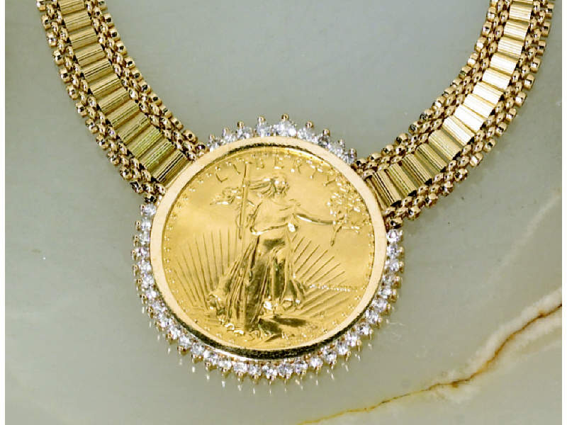 Appraisal: GOLD COIN DIAMOND NECKLACE One oz bullion ST Gaudens design