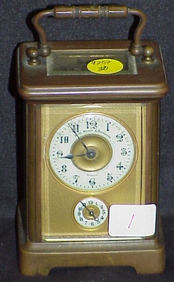 Appraisal: Brass carriage clock c beveled glass case enameled dial marked