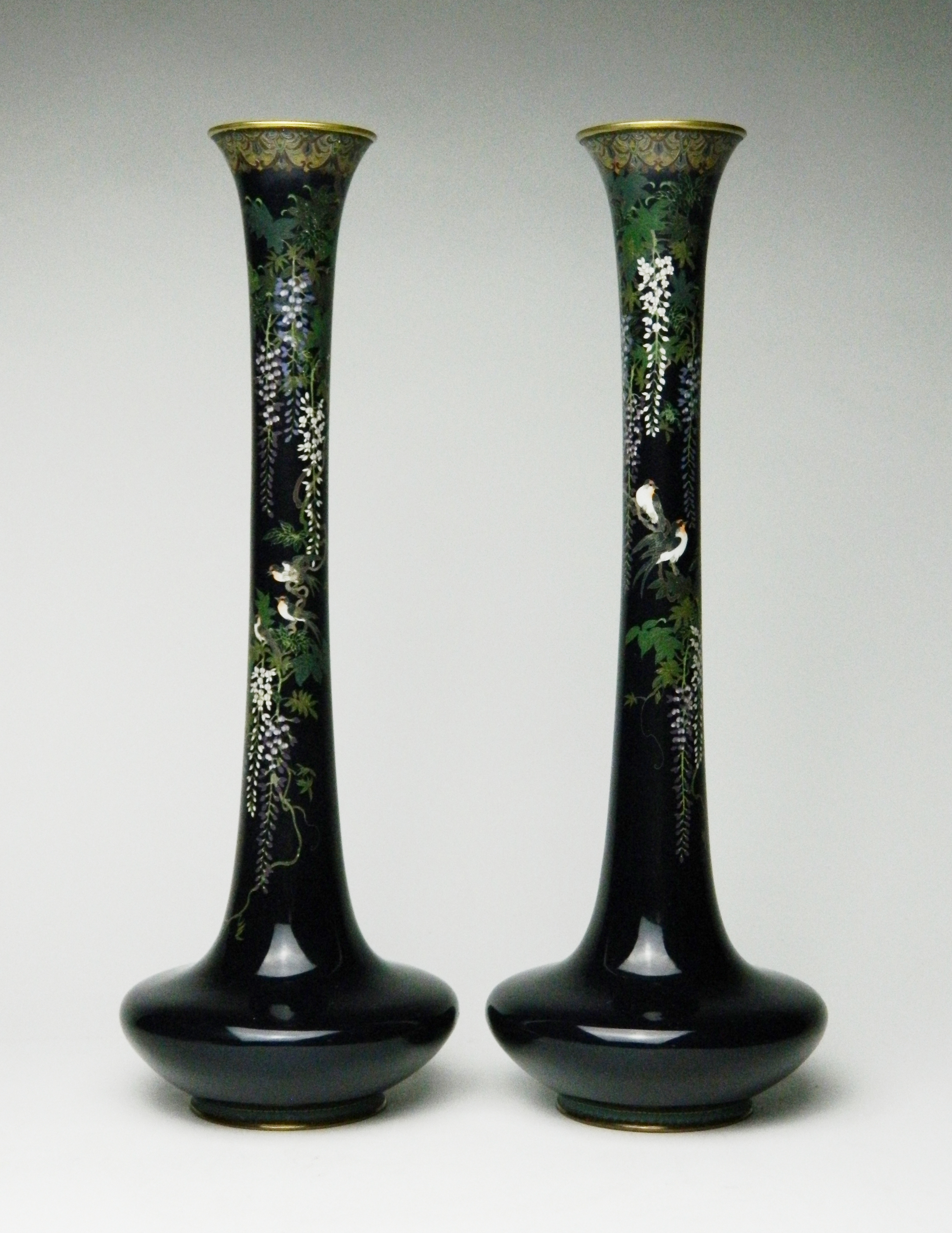 Appraisal: Pair of Inaba Nanaho cloisonne vases- wisteria and bird motif