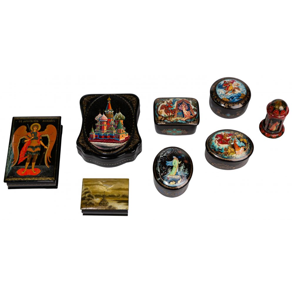 Appraisal: RUSSIAN BOX ASSORTMENT items including black lacquer boxes having paperwork