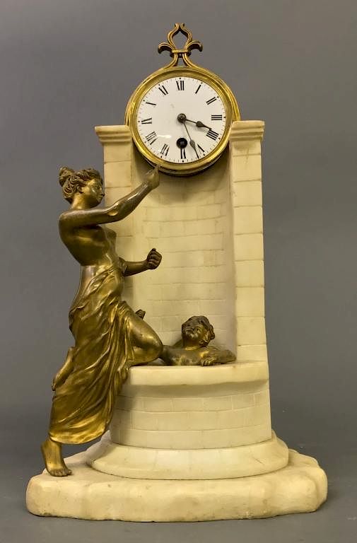 Appraisal: French Alabaster and Bronze Clock French alabaster and bronze clock