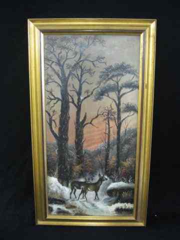 Appraisal: Oil Painting of Deer in Forest winter sunsetscene on canvas