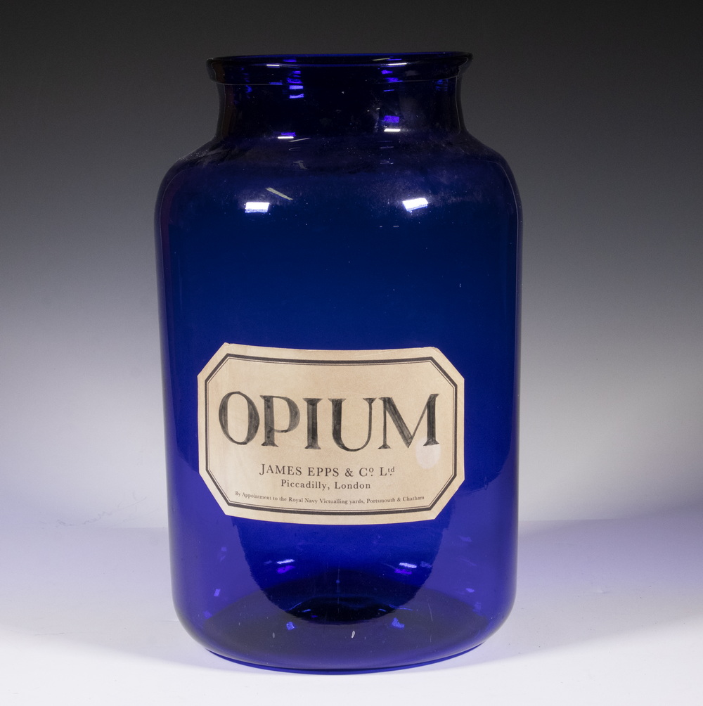 Appraisal: LARGE BLUE GLASS APOTHECARY JAR OPIUM Cobalt Blue handblown glass