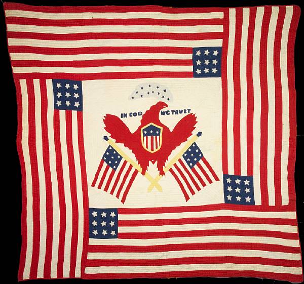 Appraisal: A pieced and appliqu d cotton 'eagle and flag' quilt