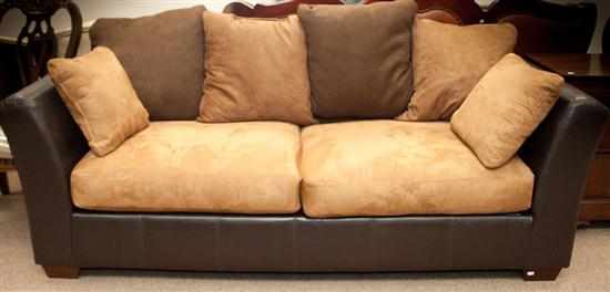 Appraisal: Contemporary leather and suede two-cushion sofa Estimate - No condition