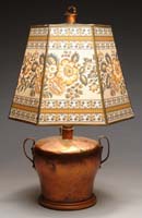 Appraisal: COPPER POT TABLE LAMP The hand hammered two handled dovetailed