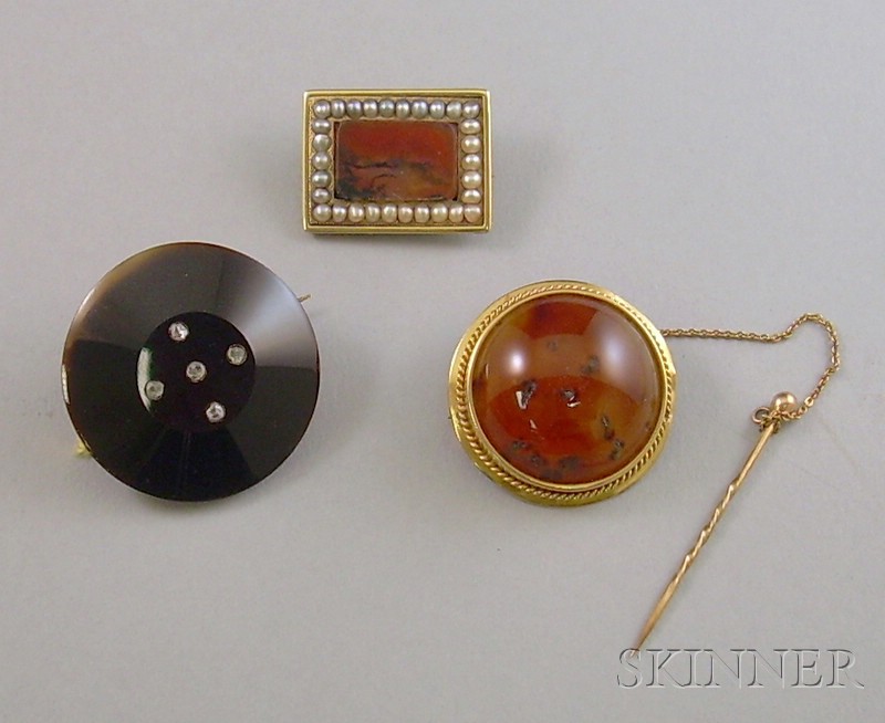 Appraisal: Three Antique Hardstone and Tortoiseshell Jewelry Items including an kt