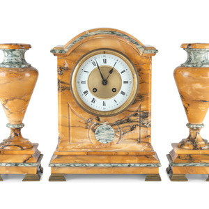 Appraisal: A French Marble Clock Garniture Set with Ormolu Mounts Circa