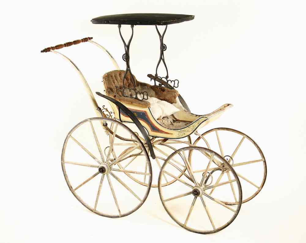 Appraisal: PRAM - th c wooden spoked wheel child's pram in