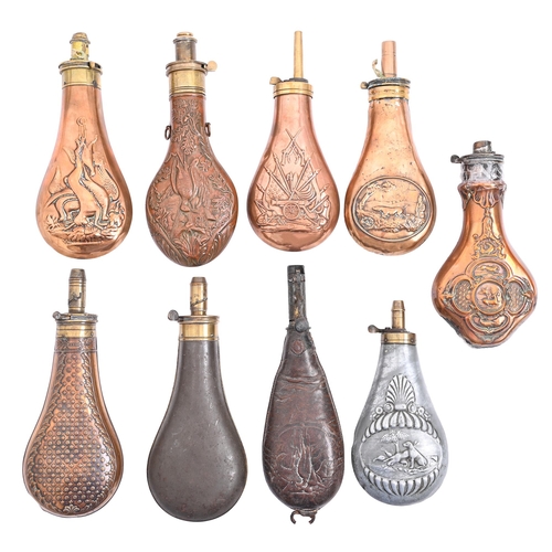 Appraisal: Six Victorian brass mounted copper powder flasks and three other