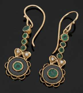 Appraisal: A pair of emerald onyx and seed pearl earrings The