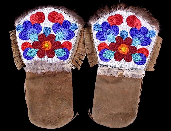 Appraisal: Montana Crow Beaded Gauntlet Mittens Mid- th The lot features