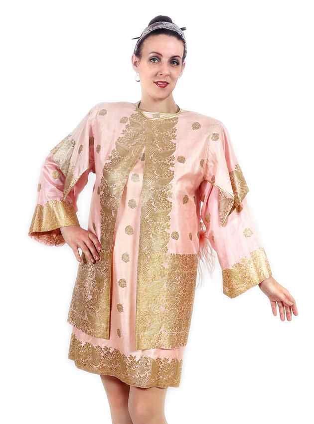 Appraisal: DESIGNER PINK SILK DRESS With a Indian flair gold and