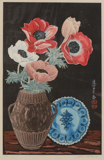 Appraisal: Yoshijuro Urushibara Japanese - Poppies and blue and white plateno