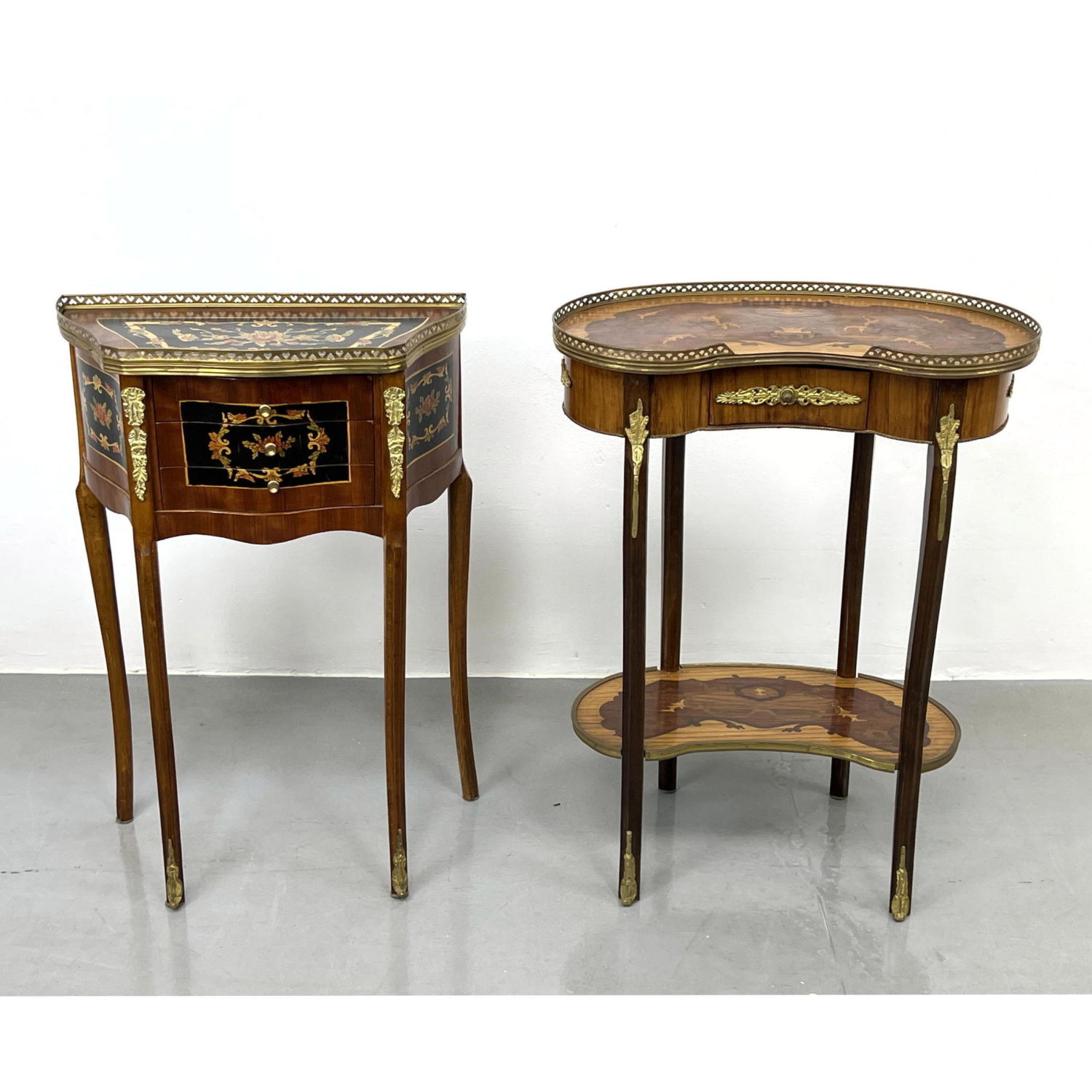 Appraisal: pc French style Side Tables Stands Inlaid Marquetry Kidney Shaped